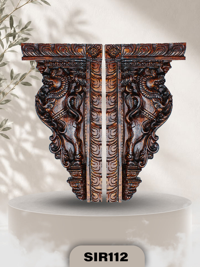 Royal Yali Wooden Wall Corbel – Heritage Carved Decor Set | Width: 10 IN Hight: 20 IN Thickness : 1.8 IN