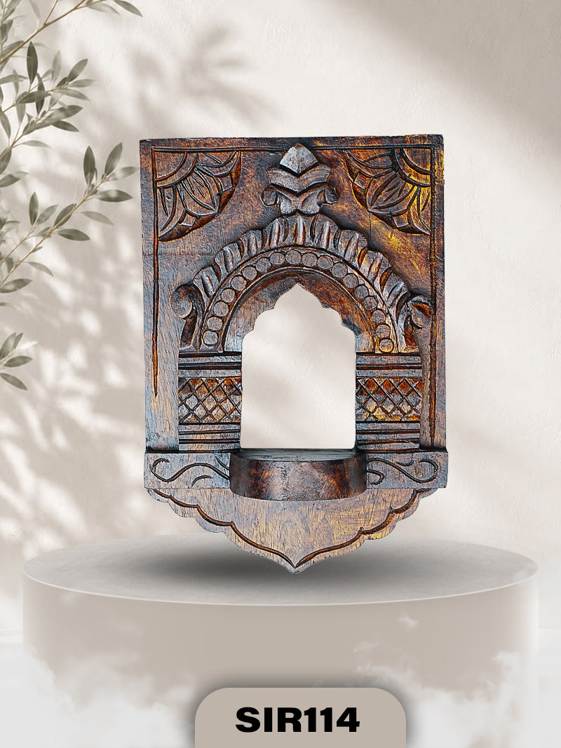 Handcrafted Wooden Temple Arch Tealight Holder | Vintage Wall Decor & Diya Shelf