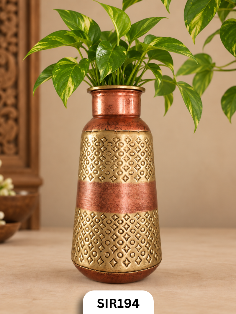 Antique Geometric Embossed Metal Flower Vase | Antique Brass & Copper Finish