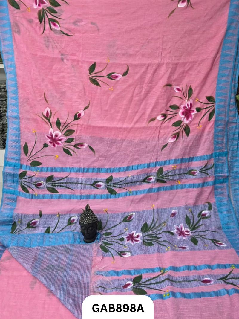 Temple Zari Border Hand Block Printed Katan Cotton Silk Saree With Running Blouse