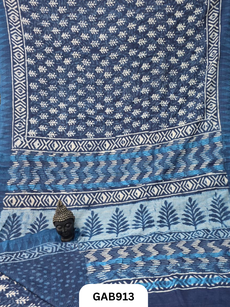 Temple Zari Border Hand Block Printed Katan Cotton Silk Saree With Running Blouse