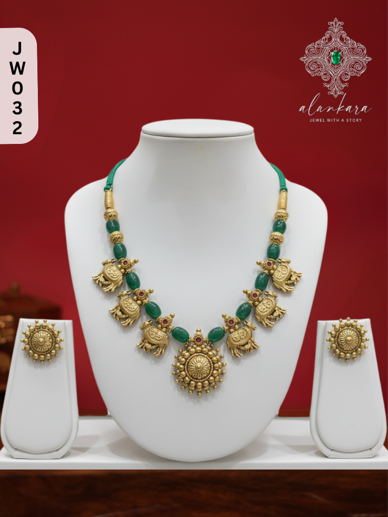 PREMIUM ANTIQUE NANDHI WITH RUBY NECKSET - GREEN