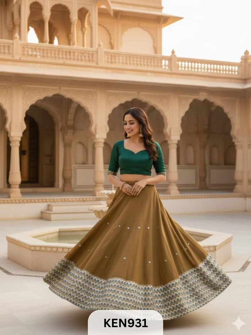 MASHRU NATURAL PLAIN &PRINTED KALI SKIRT WITH MIRROR WORK