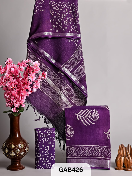 BAGRA HAND BLOCK PRINTED LINEN SUITS WITH ZARI BORDER - 3 pcs
