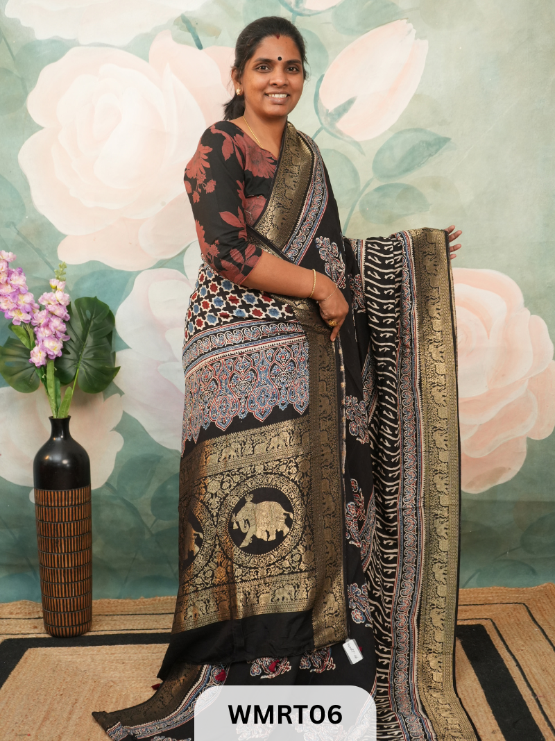 DOLA SILK WITH AJRAKH HANDBLOCK PRINT SAREE