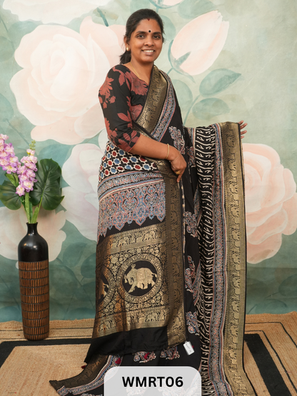 DOLA SILK WITH AJRAKH HANDBLOCK PRINT SAREE