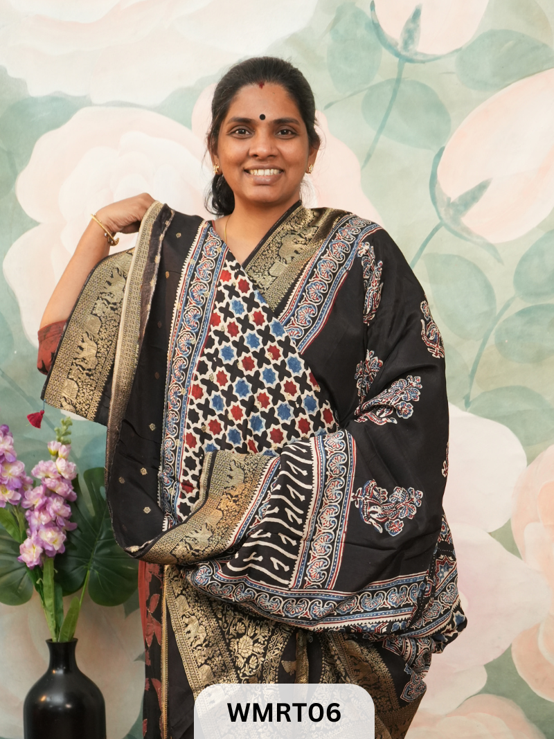 DOLA SILK WITH AJRAKH HANDBLOCK PRINT SAREE