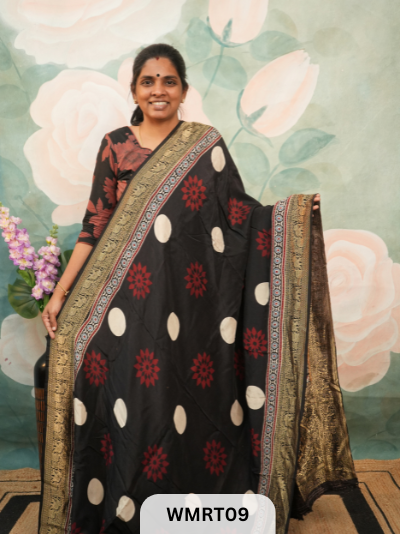 DOLA SILK WITH AJRAKH HANDBLOCK PRINT SAREE