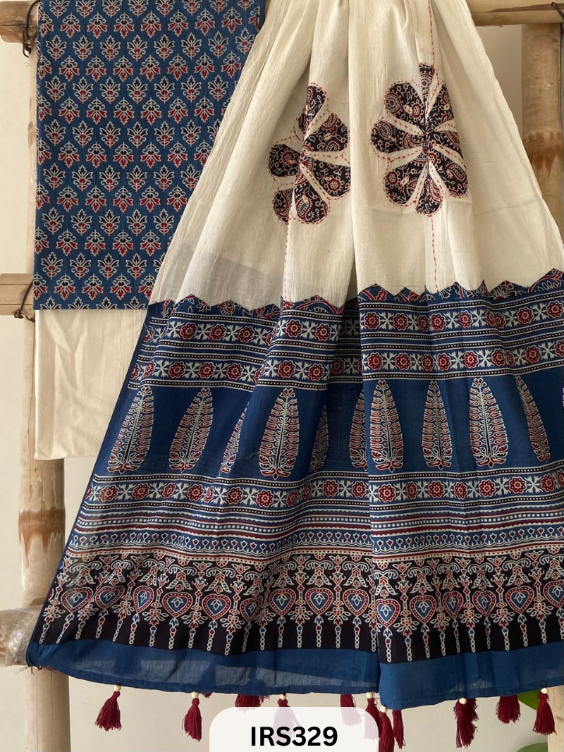 AJARAKH PRINT SUIT PCS WITH AJRAKH BORDER AND MIRROR WORK DUPATTA