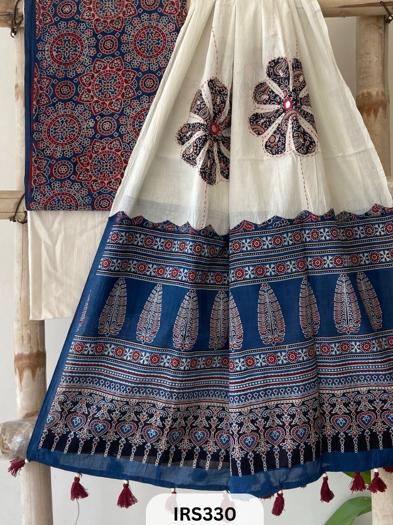 AJARAKH PRINT SUIT PCS WITH AJRAKH BORDER AND MIRROR WORK DUPATTA
