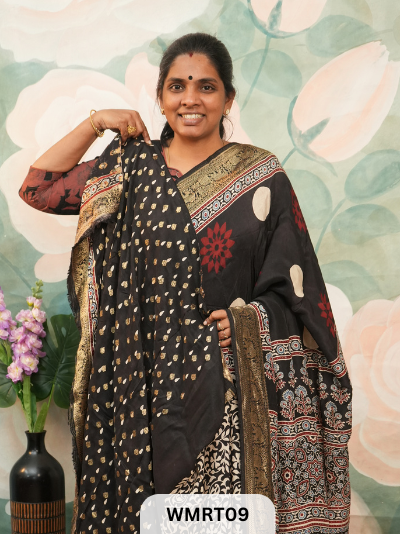 DOLA SILK WITH AJRAKH HANDBLOCK PRINT SAREE