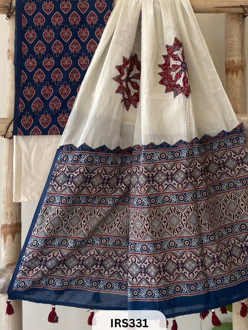AJARAKH PRINT SUIT PCS WITH AJRAKH BORDER AND MIRROR WORK DUPATTA