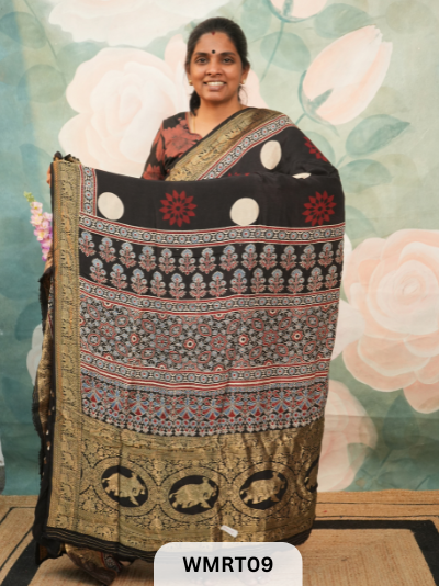 DOLA SILK WITH AJRAKH HANDBLOCK PRINT SAREE