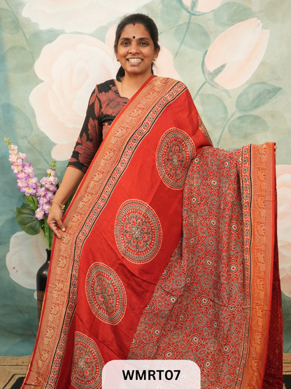 DOLA SILK WITH AJRAKH HANDBLOCK PRINT SAREE
