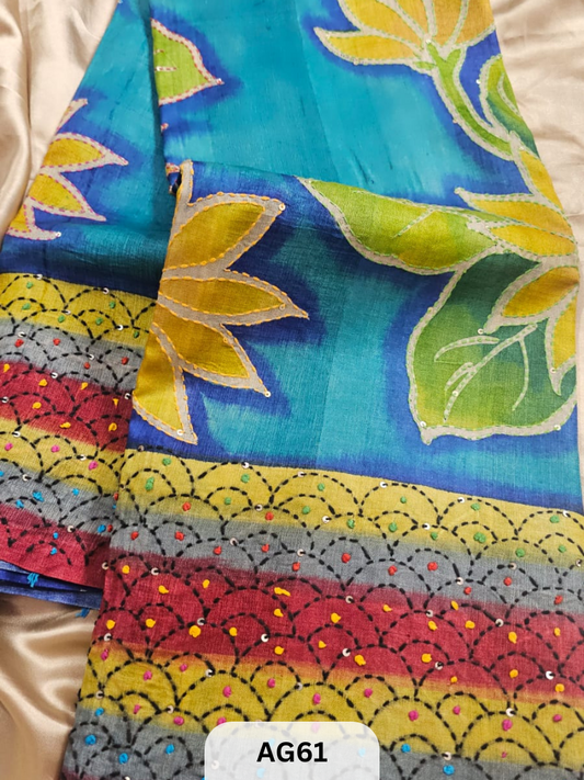 PURE GACHI TUSSAR WITH SPECIAL HAND PAINT| HAND KANTHA STITCH | SILK MARK