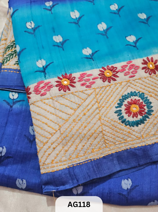 PURE TUSSAR WITH HANDPRINTED WITH LAMBANI HAND EMBROIDARY