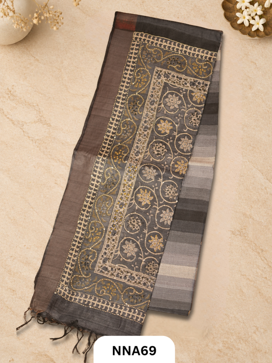 Handloom Pure Tussar Silk - Bullion With Kantha Stitch Saree
