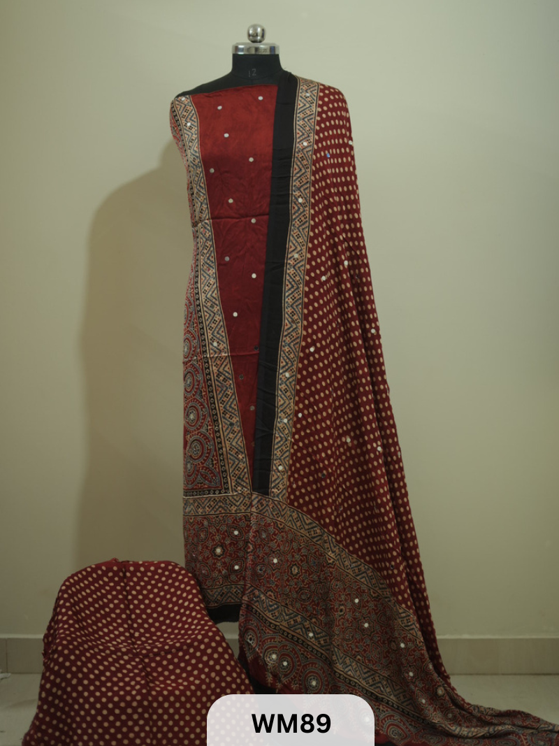 MODAL AJRAKH WITH GLUED MIRROR SALWAR SUIT - 3PCS