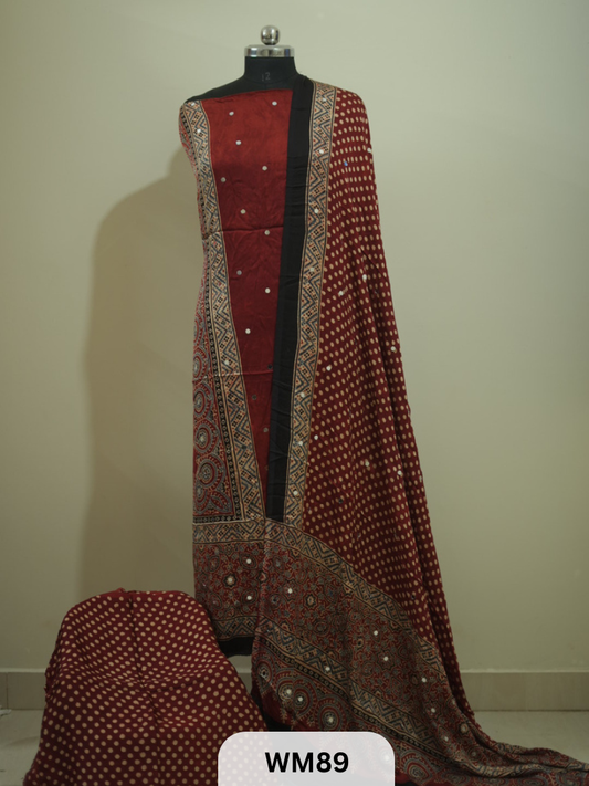 MODAL AJRAKH WITH GLUED MIRROR SALWAR SUIT - 3PCS