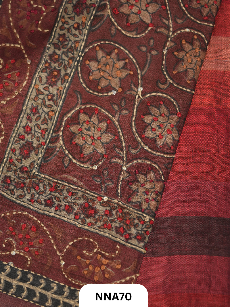 Handloom Pure Tussar Silk - Bullion With Kantha Stitch Saree
