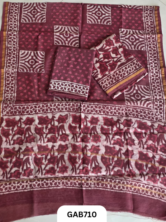 Hand Block Chanderi Silk Dress Materials Top 2.5 Mtrs Duptta 2.5 Mtrs