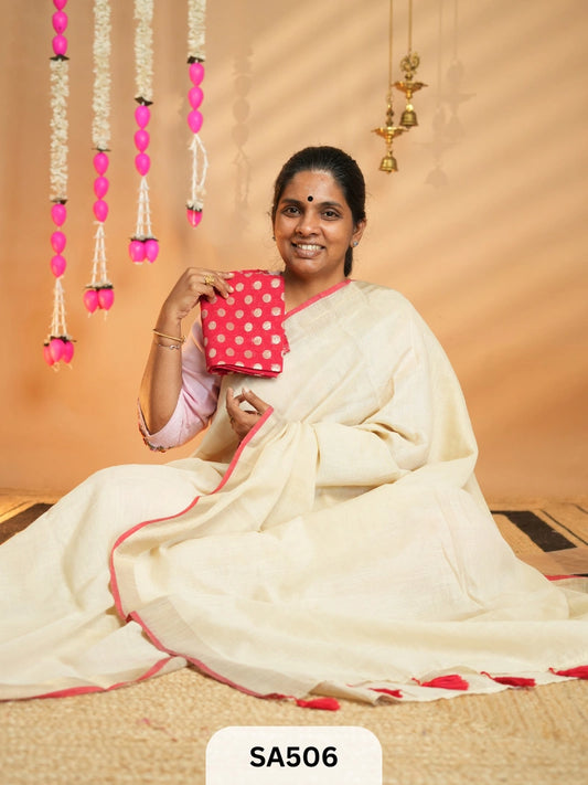 LINEN CONTRAST SAREE | RED BORDER