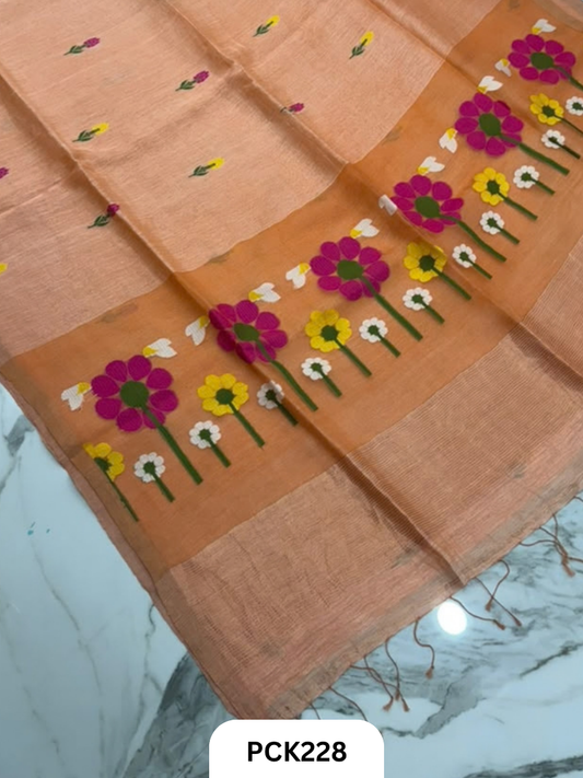 Pure Handloom Linen Silk Saree with Jamdani Weave