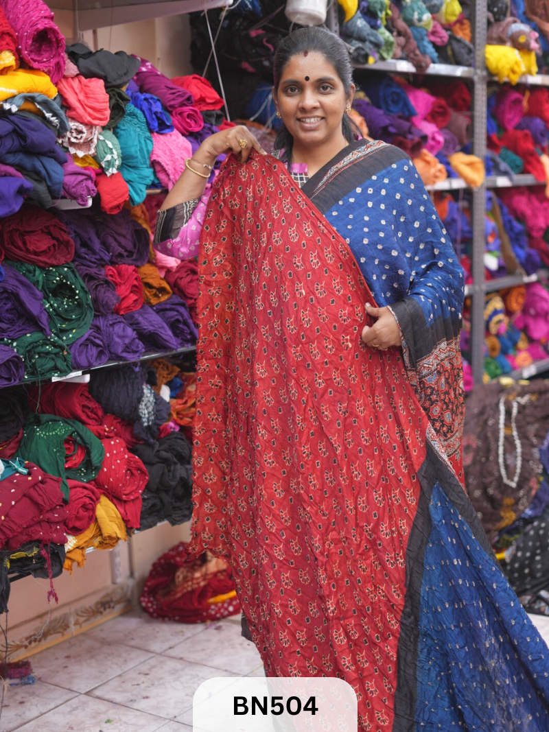 AJRAKH TISSUE PALLU BORDER BANDHEJ SAREE