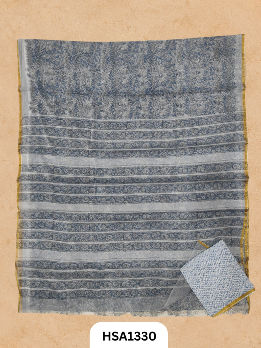 Chiffon Zari Border Saree - Hand Brush Painted