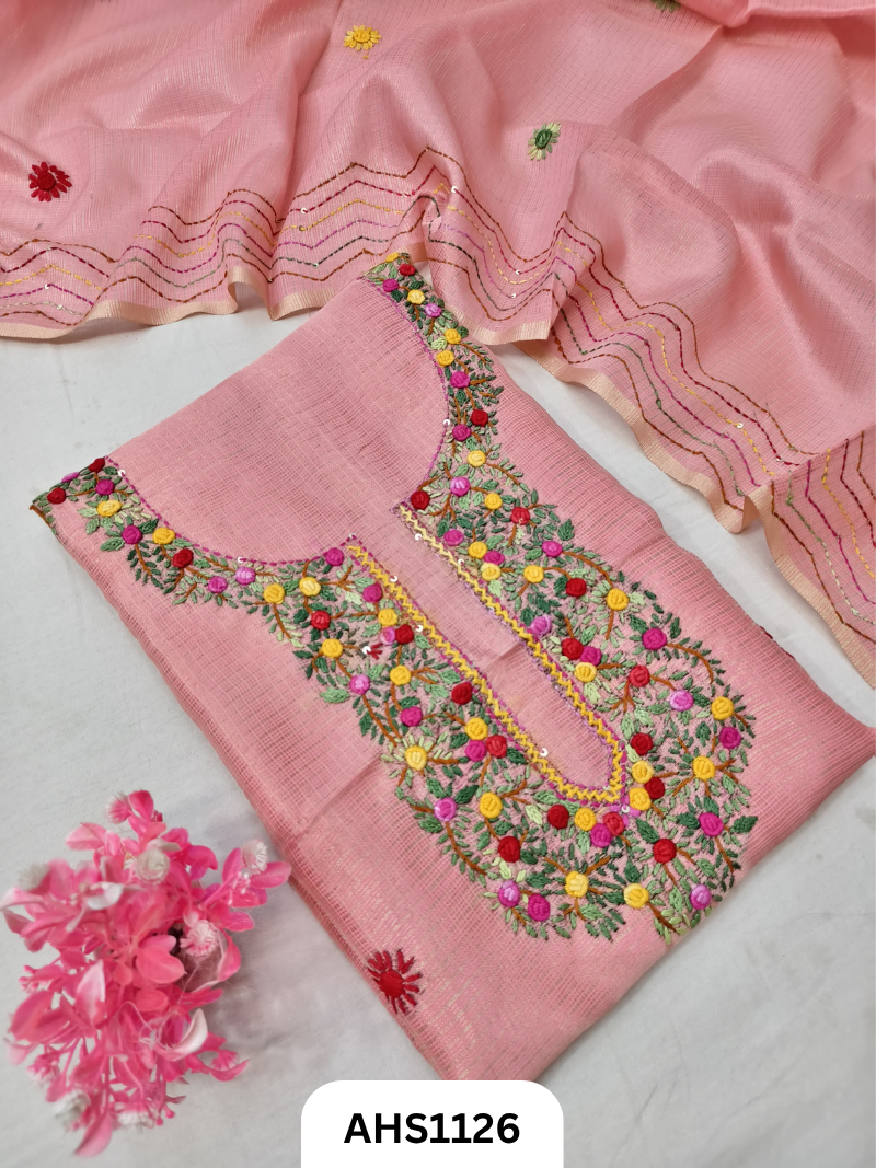 Tissue Kota Doria With Hand Fullkari Work Salwar Suit - Top & Duppatta 2.5mtr