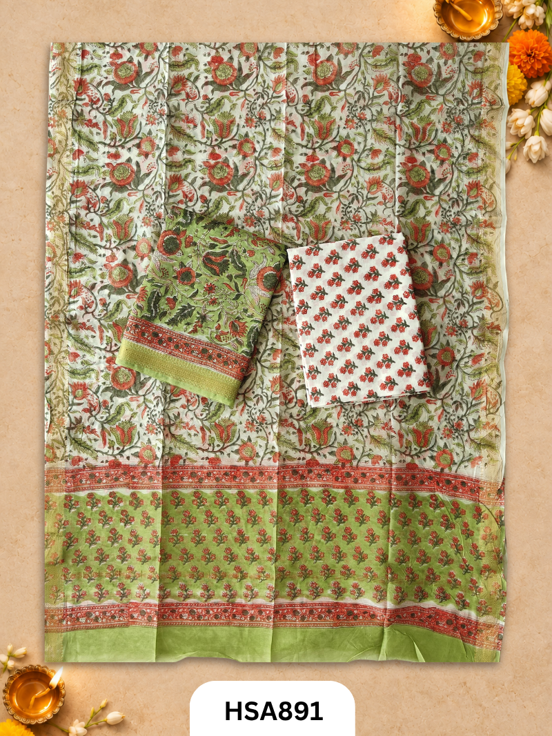 HandBlock Printed Maheshwari Silk Zari Border Top & dupttas 2.5 Mtrs | Bottom cotton 2.50 mtrs