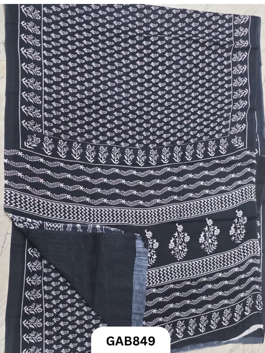 Bagru Block Print Cotton Mulmul Sarees With Running Blouse