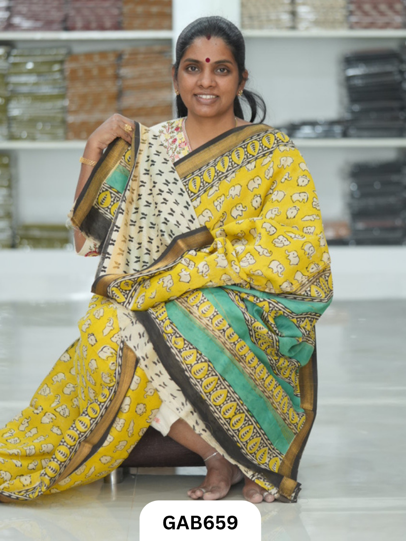 Hand Block Printed Maheshwari Silk Saree