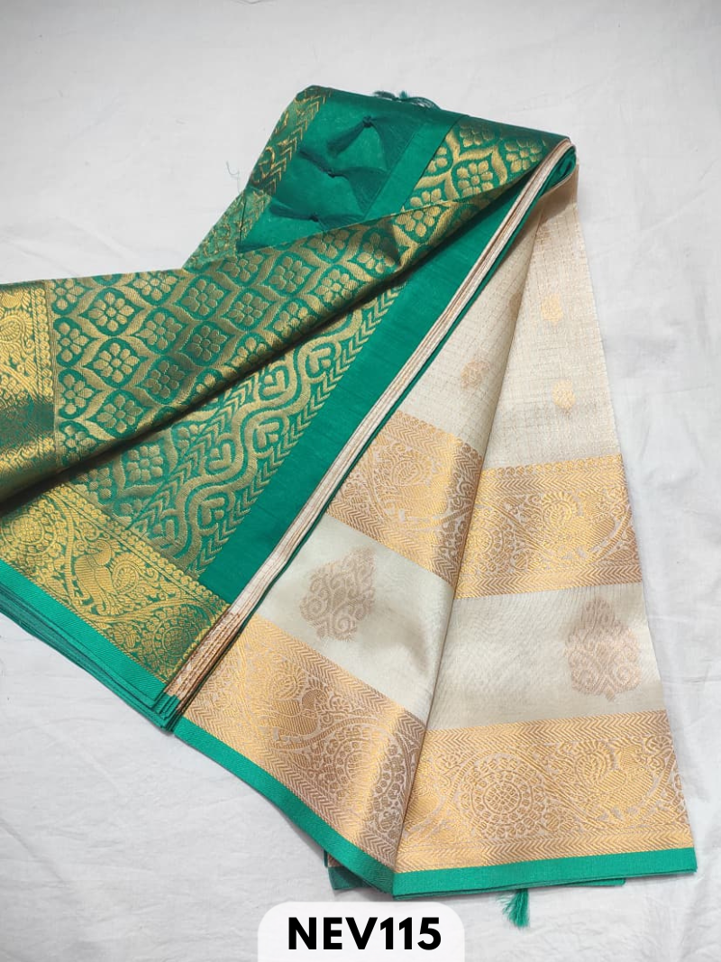 Handloom Silkcotton Long border zari checked butta with rich pallu saree