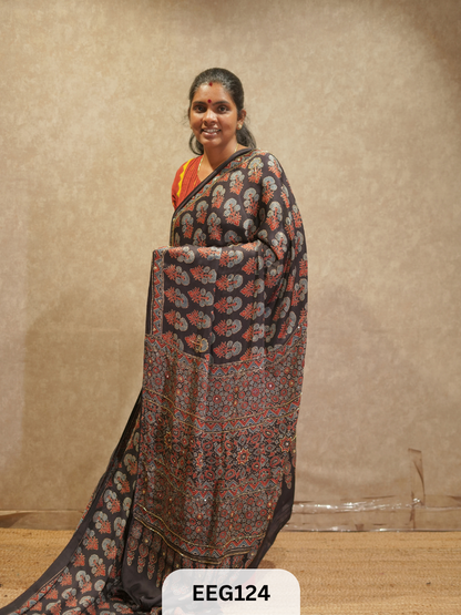 AJRAKH MODAL SAREE WITH KHATLI HANDWORK