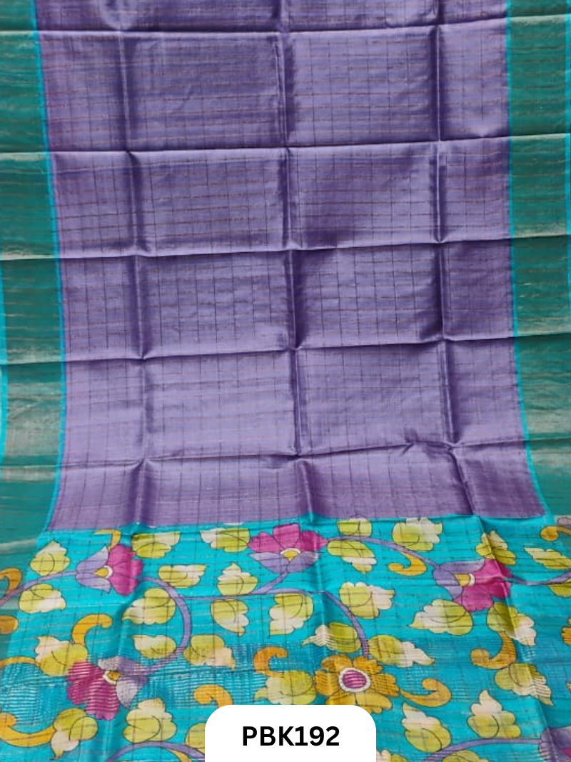Pure Tussar Silk Saree with Checked design  Plain Body with Kalamkari Design in Pallu