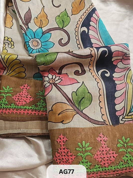 PURE TUSSAR WITH PENKALAMKARI | KUTCHI GUJARATI HAND EMBROIDERY