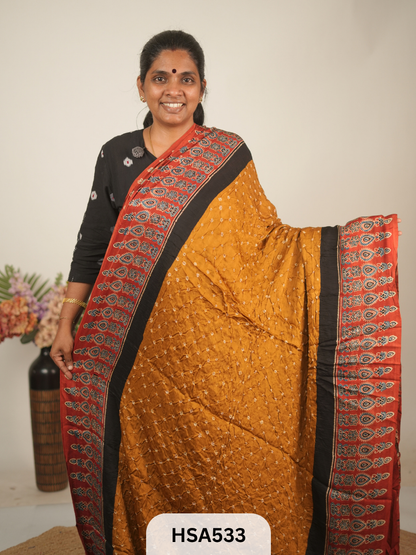 MODAL AJRAKH WITH BANDHINI SAREE