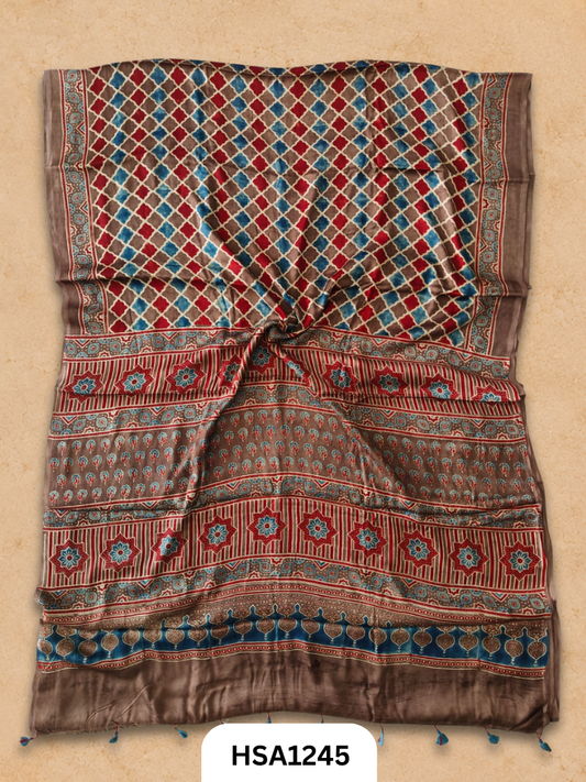 Natural Dye Vegetable Hand Block Print Ajrakh Print Pure Modal Silk Saree