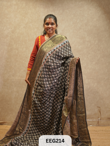 AJRAKH DOLA SILK SAREE WITH MIRROR WORK - IMMEDIATE DISPATCH