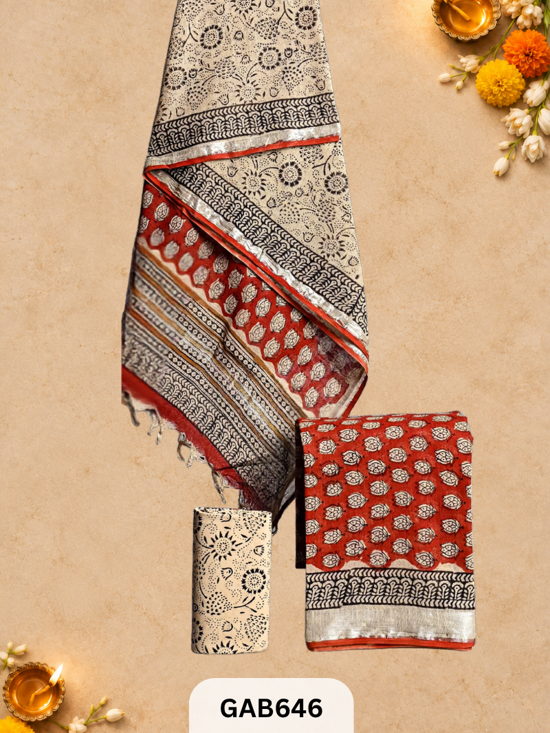 Bagru Hand Block Printed Linen Suits With Zari Border