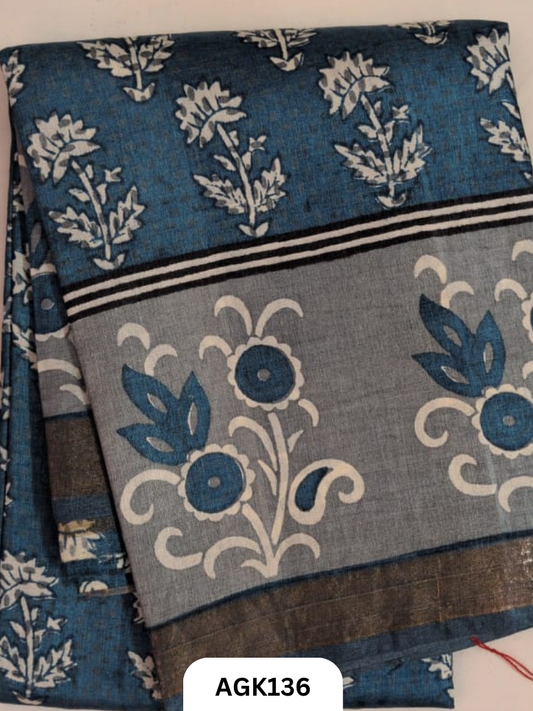 PREMIUM QUALITY  ZARI BORDER TUSSAR HAND BLOCK PRINTING WORK  WITH BLOUSE PIECE  SILK MARK CERTIFIED