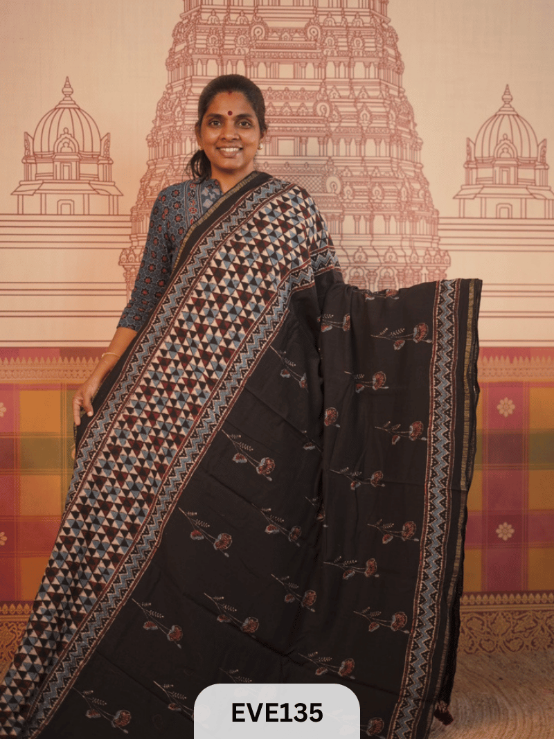 PURE CHANDERI SILK AJRAKH HANDBLOCK SAREE