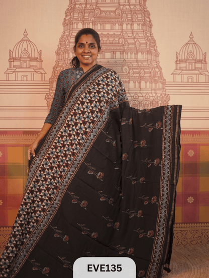 PURE CHANDERI SILK AJRAKH HANDBLOCK SAREE