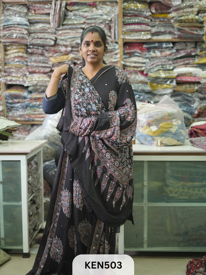 MODAL NATURAL AJRAKH HANDBLOCK SAREE WITH GLUE MIRROR