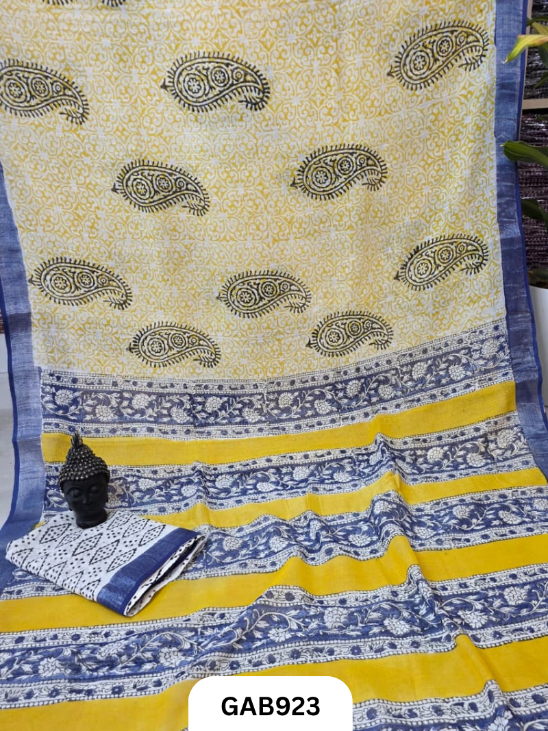 Bagru Handblock Print Linen Saree With Attached Blouse