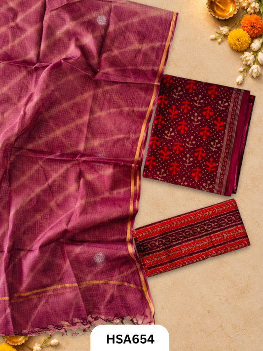Handblock Printed Kota Doriya Dupatta With Cotton Suits Top 2.5mtr Dupatta 2.5mtr