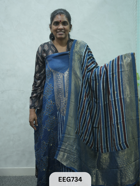 AJRAKH DOLA SILK 2 PCS-UNSTITCHED ( TOP 3.5MTR AND DUPPATA 2.25MTR ) - IMMEDIEATE DISPATCH