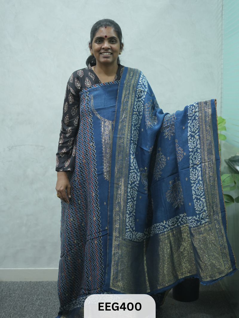 AJRAKH DOLA SILK 2 PCS-UNSTITCHED ( TOP 3.5MTR AND DUPPATA 2.25MTR ) - IMMEDIEATE DISPATCH