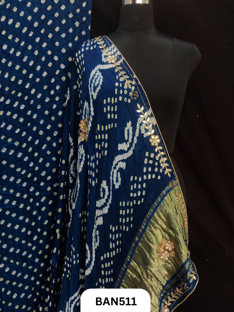 Semi gaji silk tissue pallu dani bandhej saree with khatli handwork